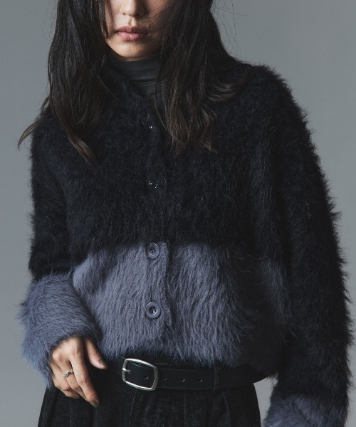 W：Huku カーディガン バイカラーシャギーニットカーディガン / Two