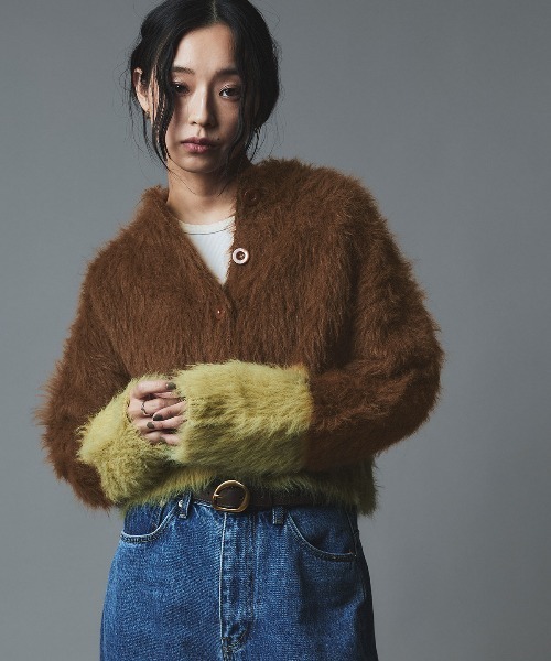 W：Huku カーディガン バイカラーシャギーニットカーディガン / Two