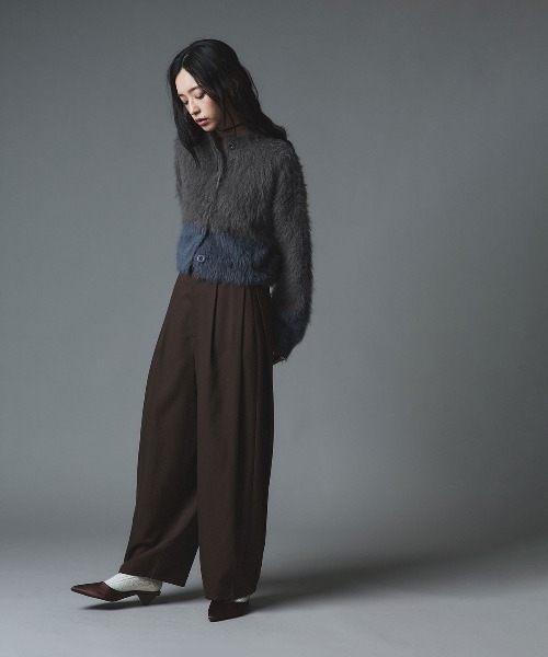 【euw】シャギーニットカーディガン W：Huku カーディガン バイカラーシャギーニットカーディガン / Two