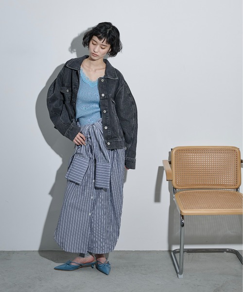 THE Yon シャツワンピース ラウンドヘムストライプシャツワンピース