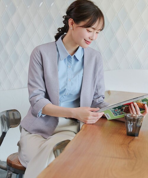 ステキ〜❗️ホワイトターコイズ❤️ Tiaclasse ジャケット ノーカラージャケット カラーレスサマー