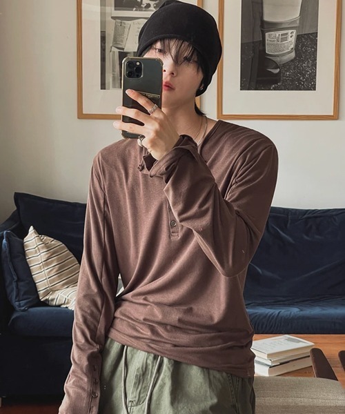 NOWLE（ノウル） ヘンリーネック tシャツ 「NOWLE」アームボタン