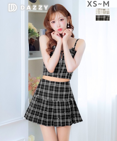 ツイード チェック柄 ノースリーブ ミニ丈 キャバドレス DAZZY（デイジー） ドレス ツイードチェック谷間ジップキャミソールA