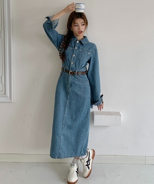 ワンピース 襟付きシングルブレスト長袖デニムワンピース : ZOZOTOWN