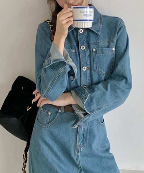 ワンピース 襟付きシングルブレスト長袖デニムワンピース : ZOZOTOWN