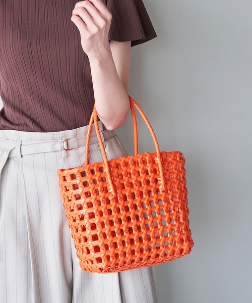 オレンジ 編み込みトートバッグ　メルカドバッグ ROPE' PICNIC トートバッグ 透かし編みメルカドミドルトート