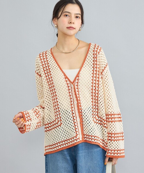 coen カーディガン クロシェ編みVネックカーディガン レディース  