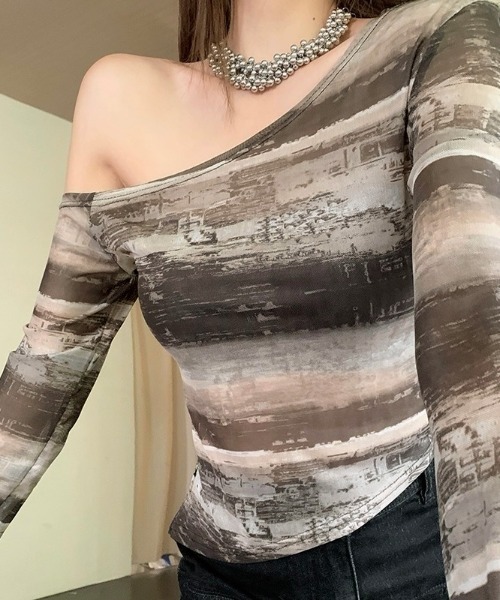 LADY LIKE tシャツ ワンショルダーボーダーシアートップス