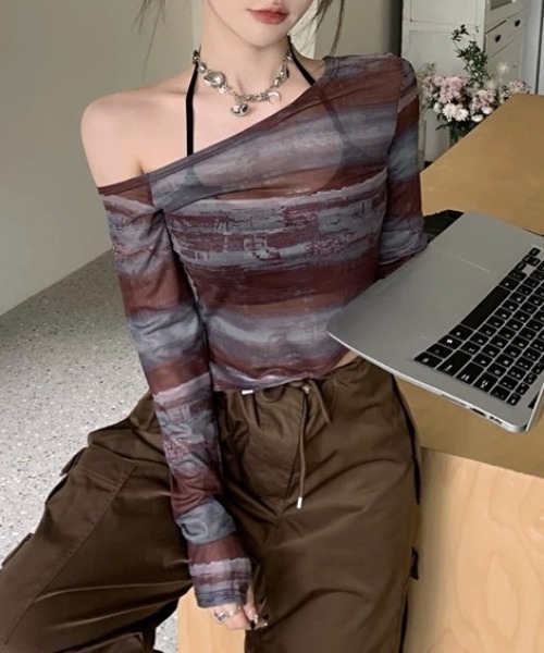 LADY LIKE tシャツ ワンショルダーボーダーシアートップス