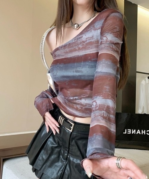 LADY LIKE tシャツ ワンショルダーボーダーシアートップス
