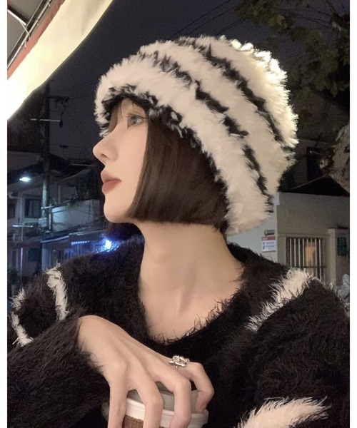 FUNdaysion ニット帽 ニットキャップ ボーダーフェイクファー