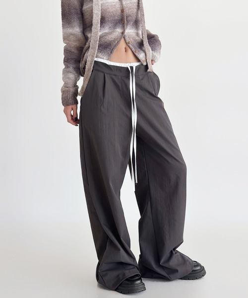 パンツ ダブルウエスト ブーツカットパンツ ピンタック レイヤードデザインパンツ レディース_12