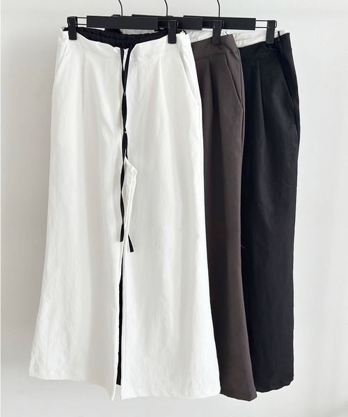 パンツ ダブルウエスト ブーツカットパンツ ピンタック レイヤードデザインパンツ レディース_4