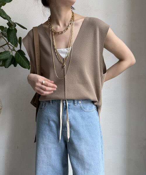 Uカットニットベスト　ハイウエストニットパンツ　セット HUG.U セットアップ 2点セット レイヤード ニット ベスト ワイド