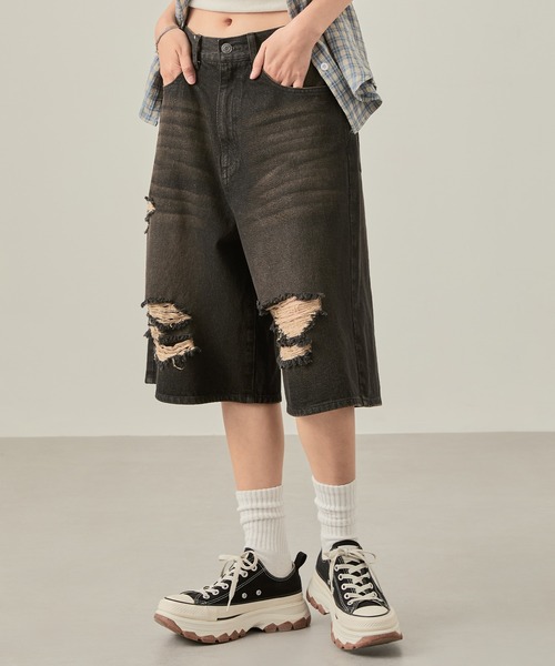 超希少✨ クエンチラウド　クロップドデニムパンツ ヴィンテージ　ダメージ 4size 】ヘビークラッシュサイドダメージブラックヴィンテージ