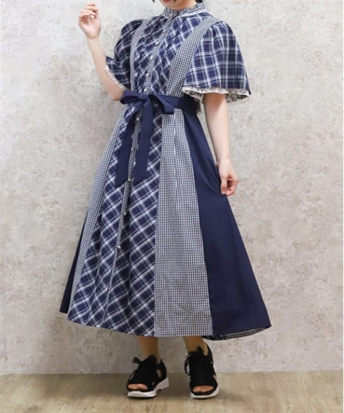 送料無料 プリーツシャツワンピースパッチワーク ニット 1461 axes femme シャツワンピース チェック切替パッチワーク