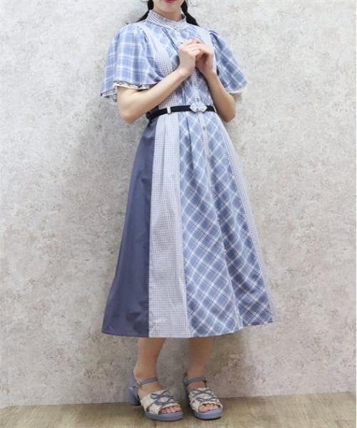 送料無料 プリーツシャツワンピースパッチワーク ニット 1461 axes femme シャツワンピース チェック切替パッチワーク