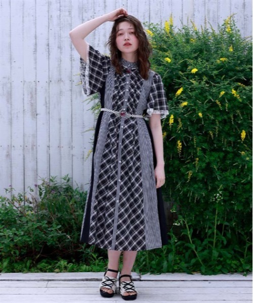 送料無料 プリーツシャツワンピースパッチワーク ニット 1461 axes femme シャツワンピース チェック切替パッチワーク