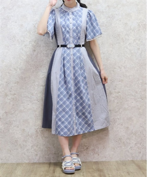 【一点物✨】紬　パッチワーク　ワンピース axes femme シャツワンピース チェック切替パッチワーク