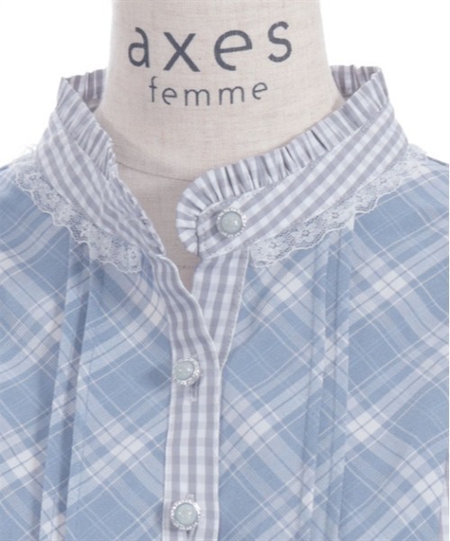 送料無料 プリーツシャツワンピースパッチワーク ニット 1461 axes femme シャツワンピース チェック切替パッチワーク