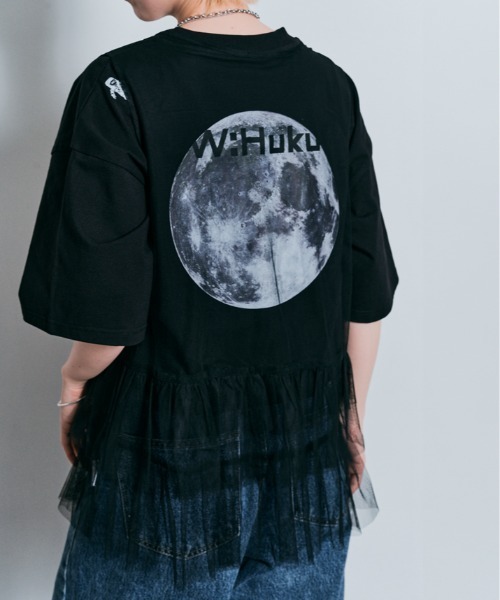 tシャツ コスモ プリント チュール付き Tシャツ レディース W：Huku tシャツ コスモ プリント チュール付き Tシャツ