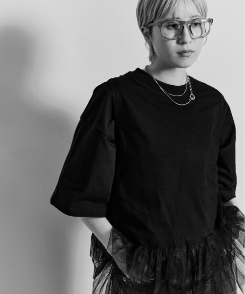 tシャツ コスモ プリント チュール付き Tシャツ レディース W：Huku tシャツ コスモ プリント チュール付き Tシャツ