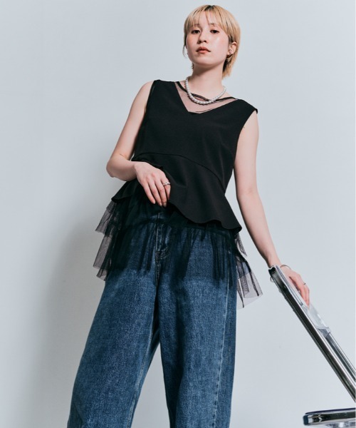 tシャツ コスモ プリント チュール付き Tシャツ レディース W：Huku tシャツ コスモ プリント チュール付き Tシャツ