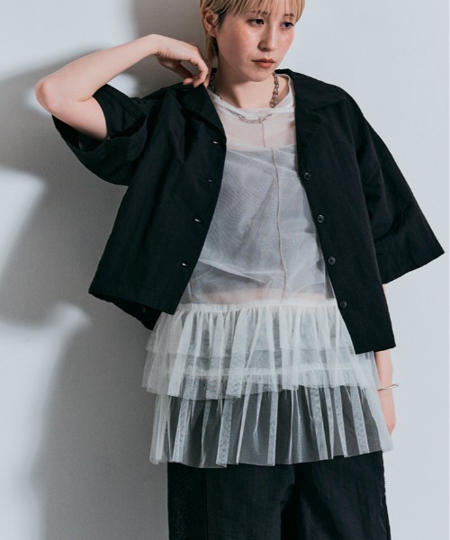 tシャツ コスモ プリント チュール付き Tシャツ レディース W：Huku tシャツ コスモ プリント チュール付き Tシャツ