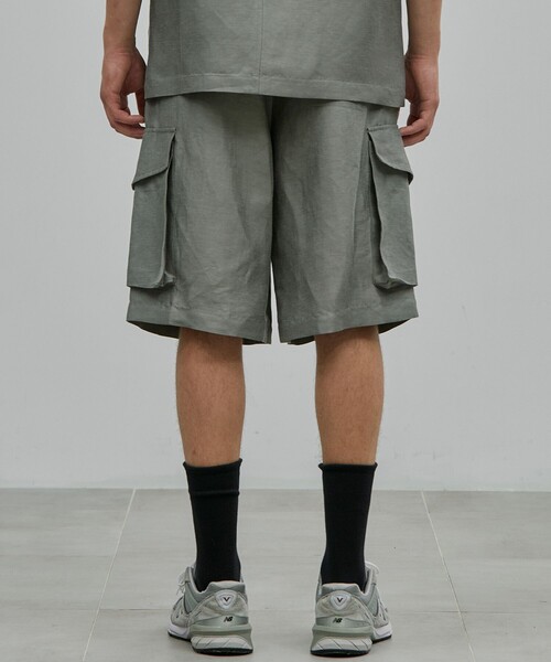 ハーフパンツ ワイドパンツ パンツ リネンキュプラ カーゴショーツ メンズの画像