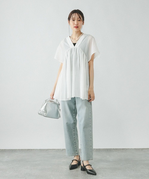 「GLOBAL WORK」 半袖チュニック LARGE ラベンダー レディース