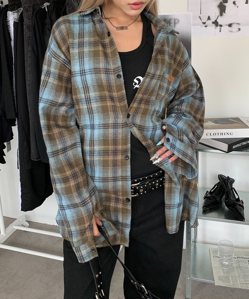 lilful シャツ ワッペン付きビッグシルエットチェックネルシャツ