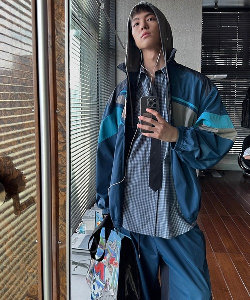 MASONPRINCE ナイロンジャケット オーバーサイズ フード付き ブロック