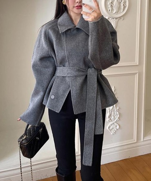 Aelina コート チェスターコート 襟付きショートコートベルト付き