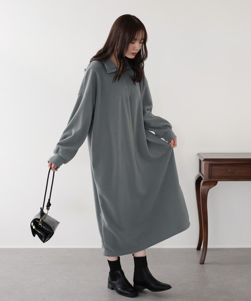Bibiy ブラック フリースベスト ワンピース mi via loca ワンピース 配色フリースボア ハーフZIPロングワンピース