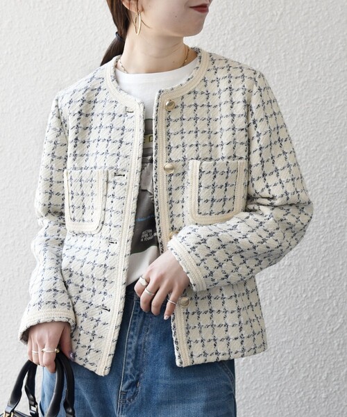 【新品♥】SHIPS any: ノーカラー ツイード ジャケット ブルゾン SHIPS any:ノーカラー ツイード ジャケット［NAVY BLUE］ | シップス