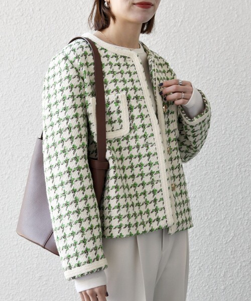 【新品♥】SHIPS any: ノーカラー ツイード ジャケット ブルゾン セール】 SHIPS any:ノーカラー ツイード ジャケット［NAVY BLUE