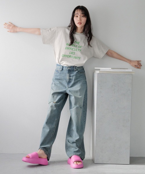 「LOWRYS FARM」 半袖Tシャツ FREE チャコールグレー レディース_画像4