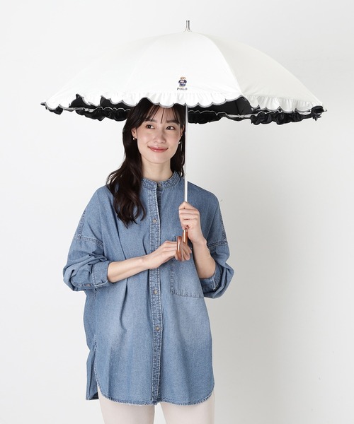 日傘 uvカット 傘 「WEB限定」 遮光 晴雨兼用日傘 長傘 スカラフリル ワンポイント POLO FLAG BEAR レディースの画像