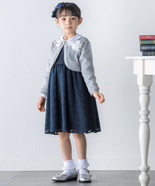 BEBE 花柄フォーマルワンピース 日本製ポンチ花柄フロッキー切替ワンピース(100~150cm)(100cm