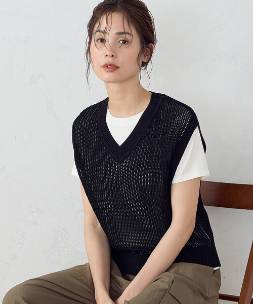 COMME CA ISM ベスト ジレ Vネック透かし編み ニットベスト