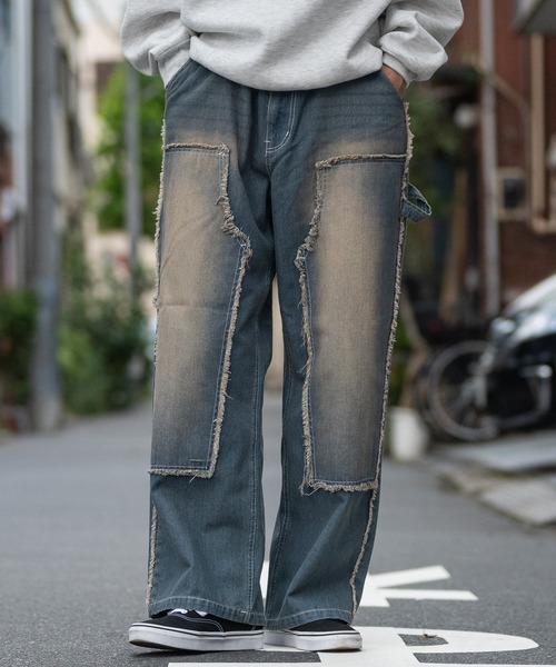 【wcloset】フリンジバギーデニムパンツ　ベージュ　S 着用動画あり！/5色展開/3サイズ展開】フリンジバギーデニム