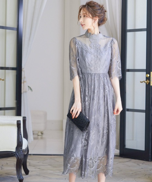 ニアナ　ドレス　パーティー　半袖　ライトグリーン　カーキ　M 美品 ニアナ niana 【着丈が選べる】Aラインオーガンジーレース
