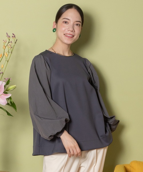 tシャツ バルーンスリーブ異素材コンビカットソー レディース