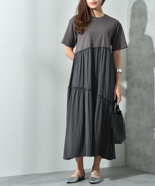 INTERPLANET(インタープラネット) ワンピース 異素材使いティアード INTERPLANET(インタープラネット) ワンピース 異素材使いティアード