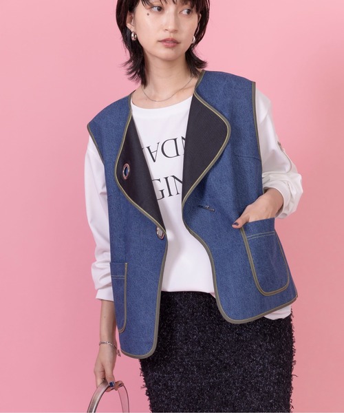 ベスト ジレ デニム＆ストライプ ボンディングアイレットジレ レディース