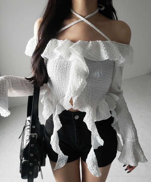 ブラウス シャツ 「 ２color 」クロスストラップリボンショートシャツ ／ cross strap ribbon short shirts レディ me+em select ブラウス シャツ 「 2color 」クロスストラップ