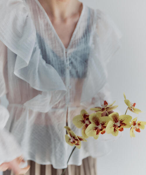 NATURAL BEAUTY BASIC シアーラッフルフリルブラウス　ベージュ NATURAL BEAUTY BASIC シアーラッフルフリルブラウス ベージュ
