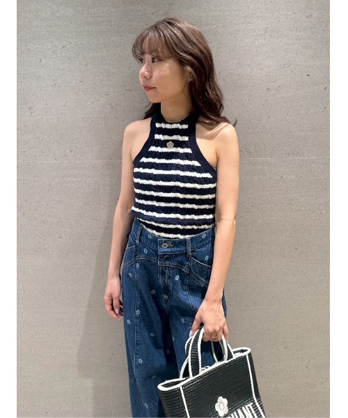 美品　マリークワント　ケーブルニット　半袖　デイジー刺繍　サマーニット LILY BROWN ニット セーター 「LILY BROWN×MARY QUANT」デイジー