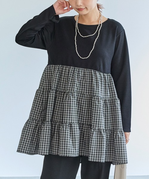 LAVEANGE（ラビアンジェ） tシャツ チェック ティアード切替チュニック