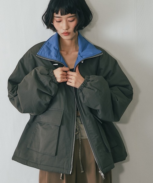 〖 新品未使用品 〗襟バイカラーダブルファスナー中綿コート ステンカラーコート コート 襟バイカラーダブルファスナー中綿コート